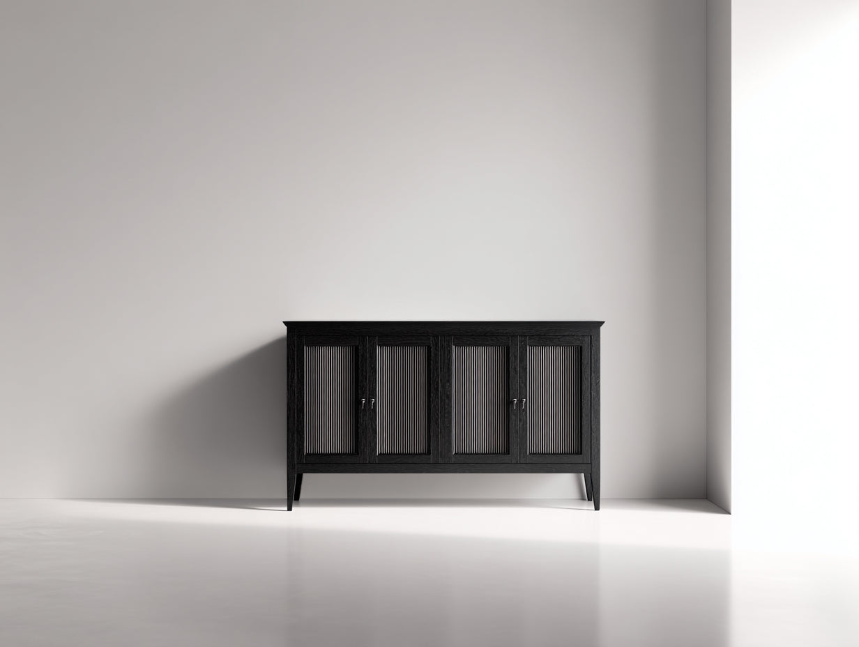 Mueble recibidor de madera 150 x 42 x 88 cm - Negro - 4 puertas acanaladas de estilo contemporáneo