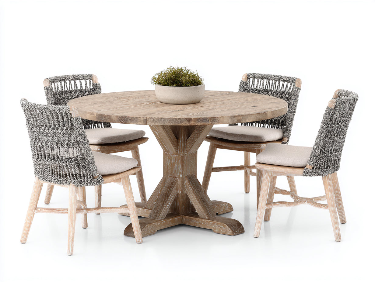 Conjuntos de comedor de jardín de madera y cuerda para 4 personas 130 x 130 x 76 cm - Natural gris y beige - Mesa redonda