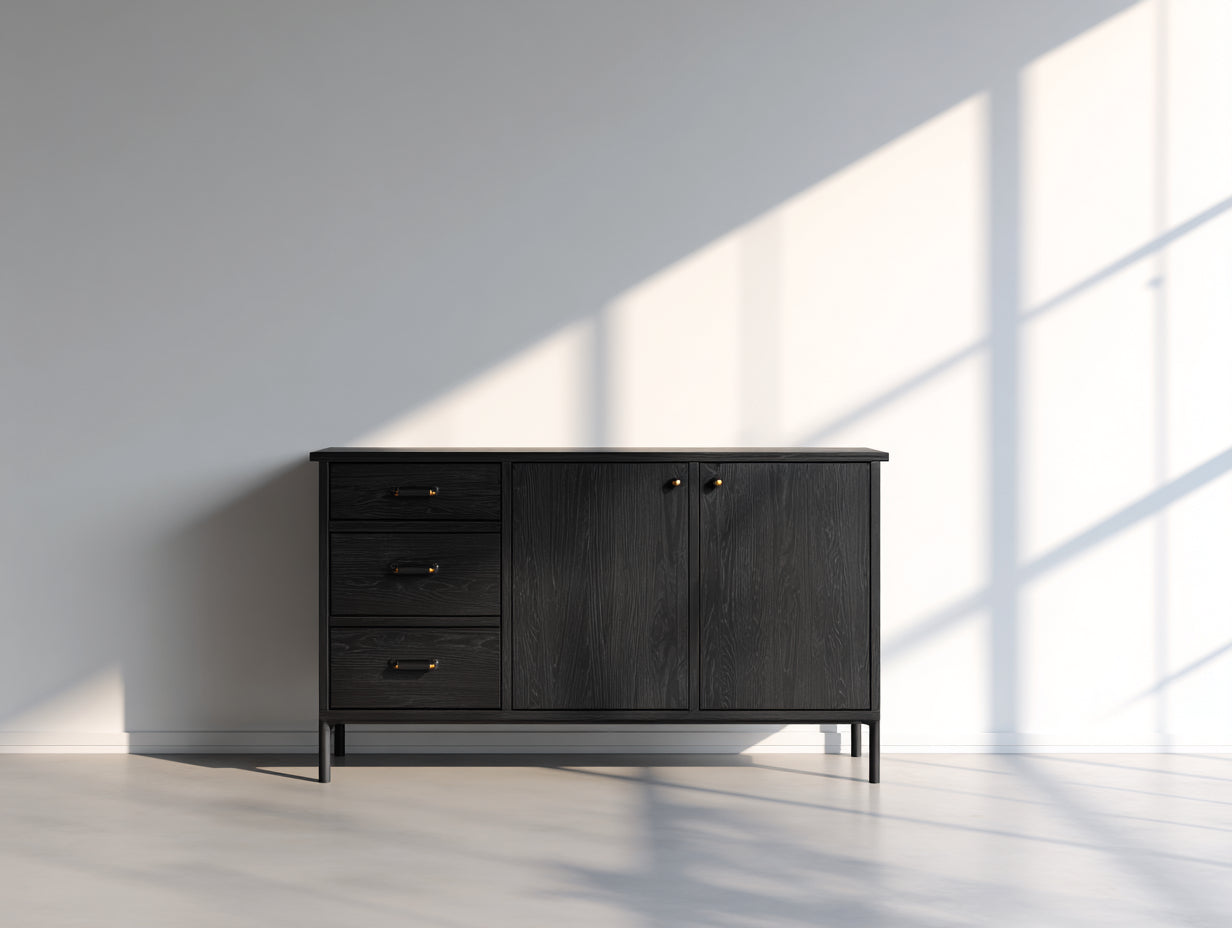 Mueble recibidor de madera con 2 puertas y 3 cajones 130 x 40 x 85 cm - negro y dorado - diseño moderno con patas elevadas para entrada y pasillo
