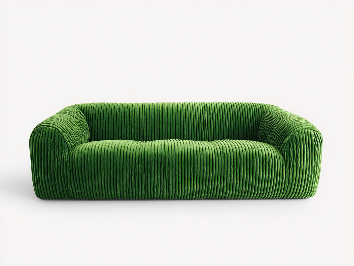 Sofás lineales tapizado en pana acanalada 235x102x72 cm - verde intenso - diseño moderno de perfil bajo para salón