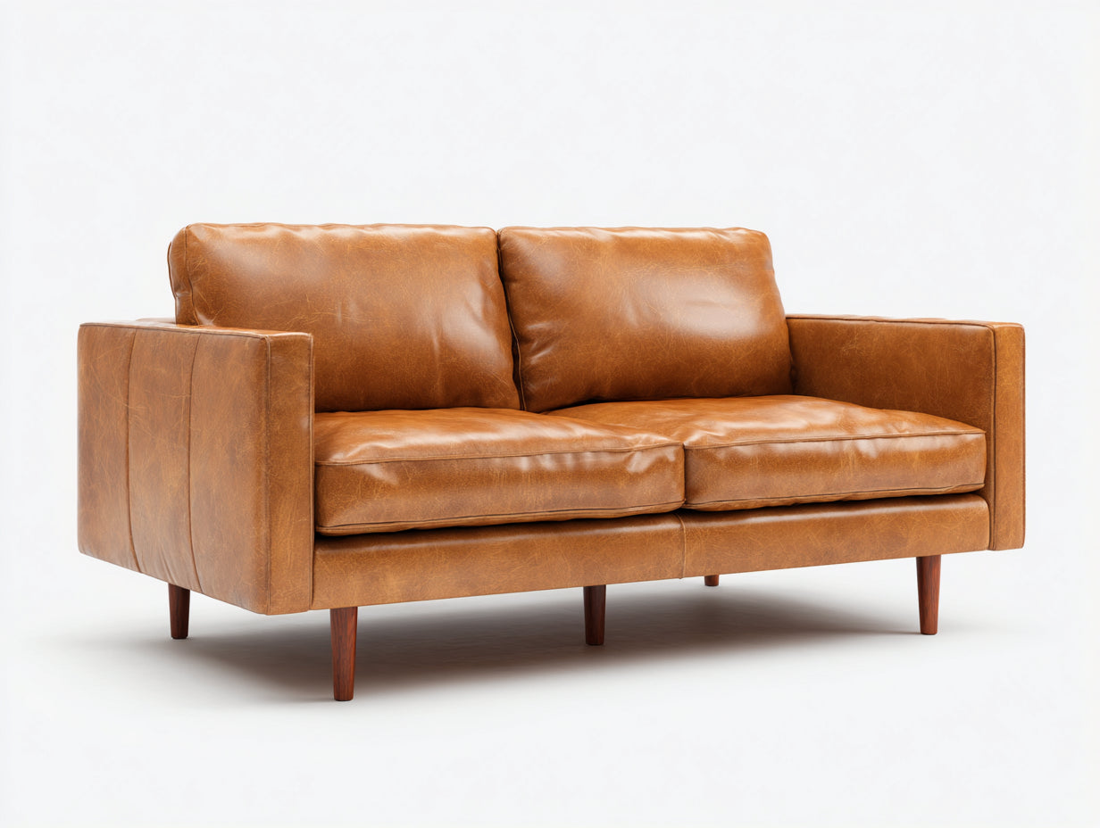 Sofás lineales de 2 plazas tapizados en cuero 195 x 88 x 82 cm - Marrón coñac - Diseño moderno con patas de madera