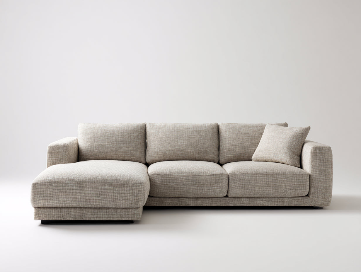 Sofás de esquina con tapizado de tejido texturizado 285x170x82 cm - beige claro - diseño moderno con asiento prolongado para salón