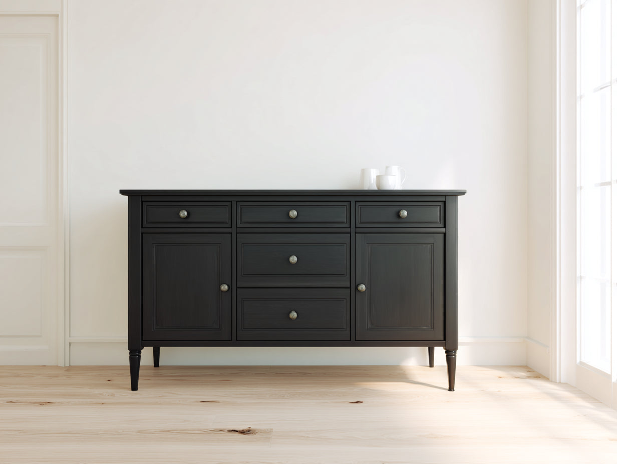 Mueble recibidor de madera con 2 puertas y 5 cajones 140 x 42 x 92 cm - negro y plateado - diseño clásico con patas altas para entrada y pasillo