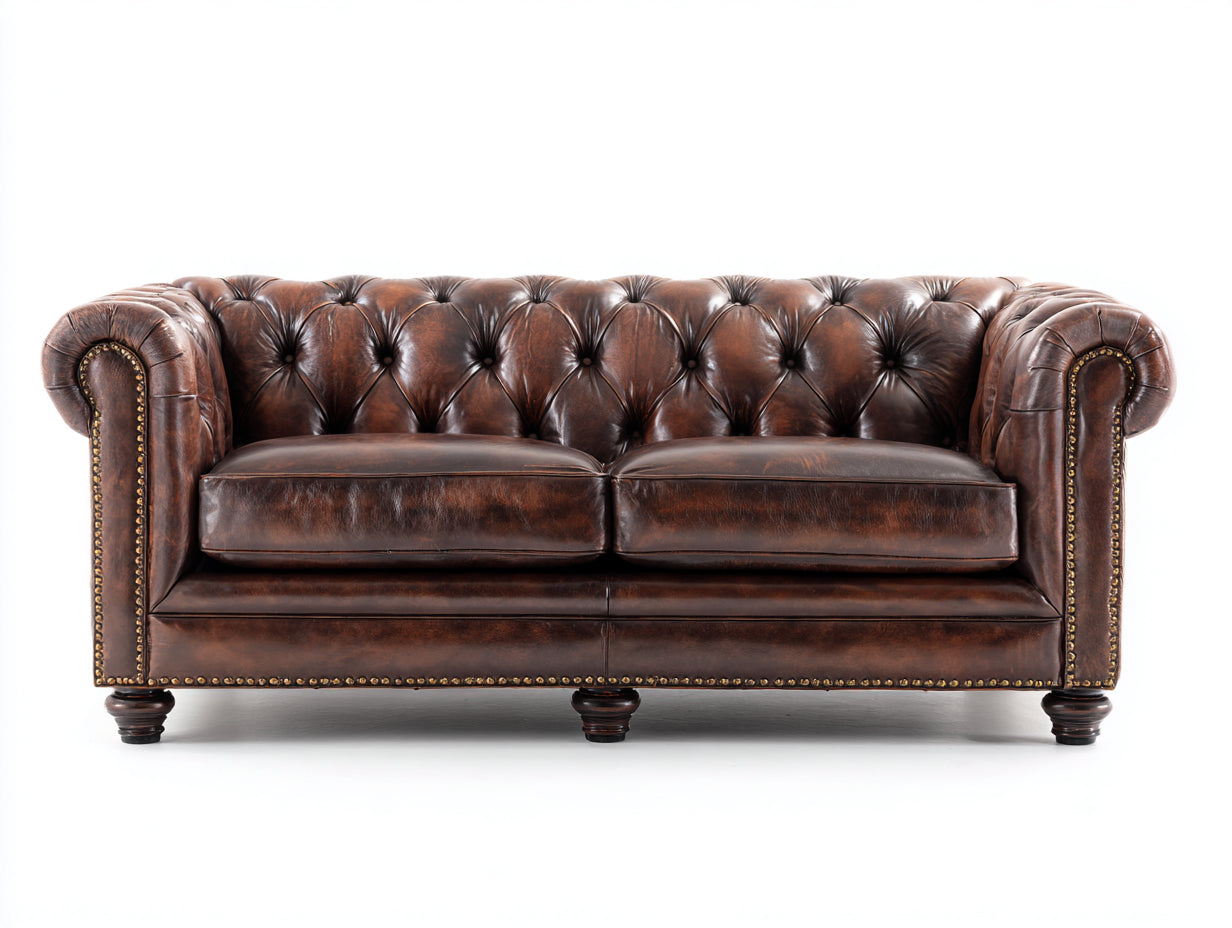 Sofás lineales de cuero 205 x 90 x 78 cm - Marrón oscuro - Diseño Chesterfield de 2 plazas