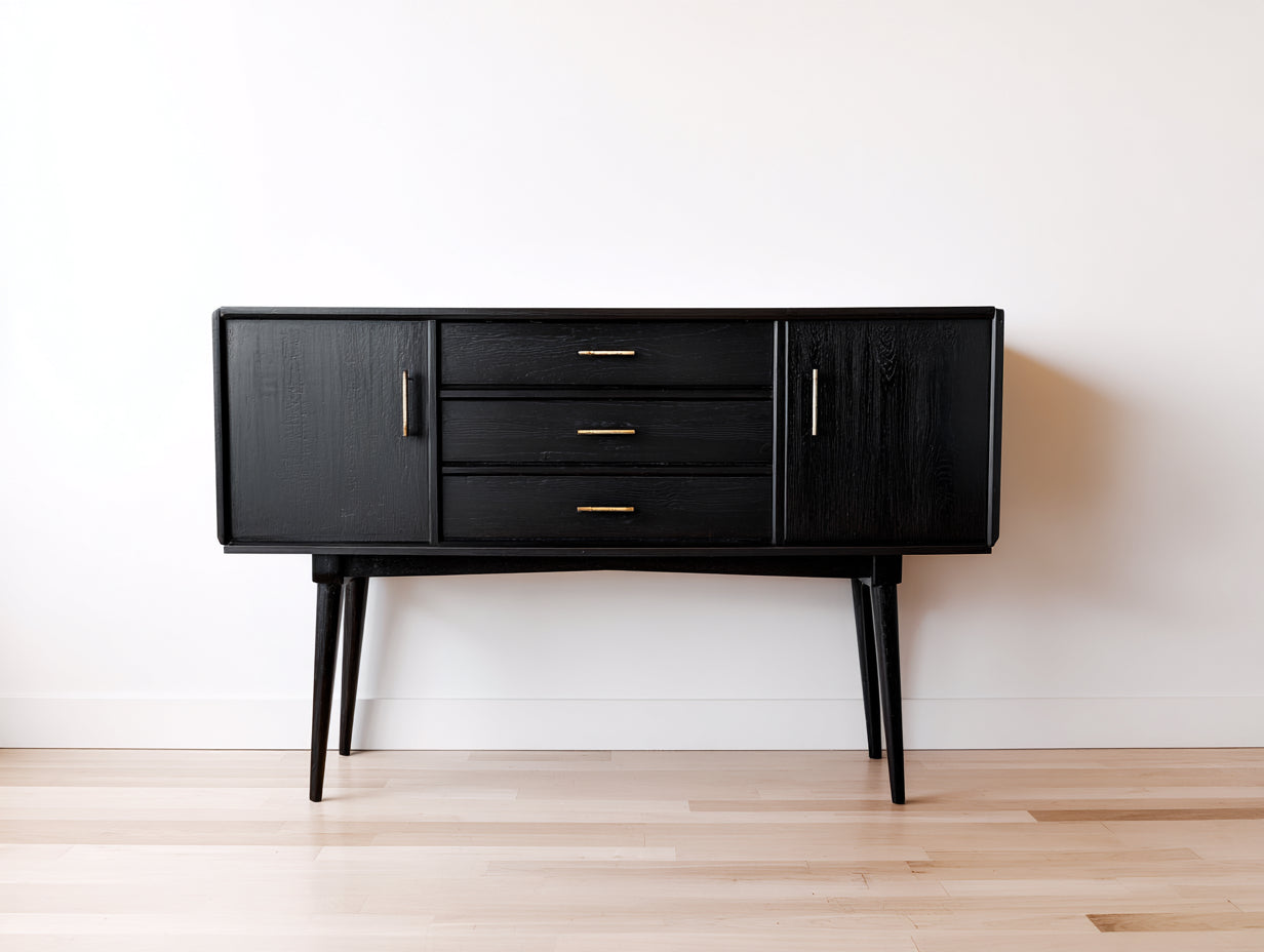 Mueble recibidor de madera con 2 puertas y 3 cajones 135 x 40 x 90 cm - negro y dorado - diseño moderno con patas altas para entrada y pasillo