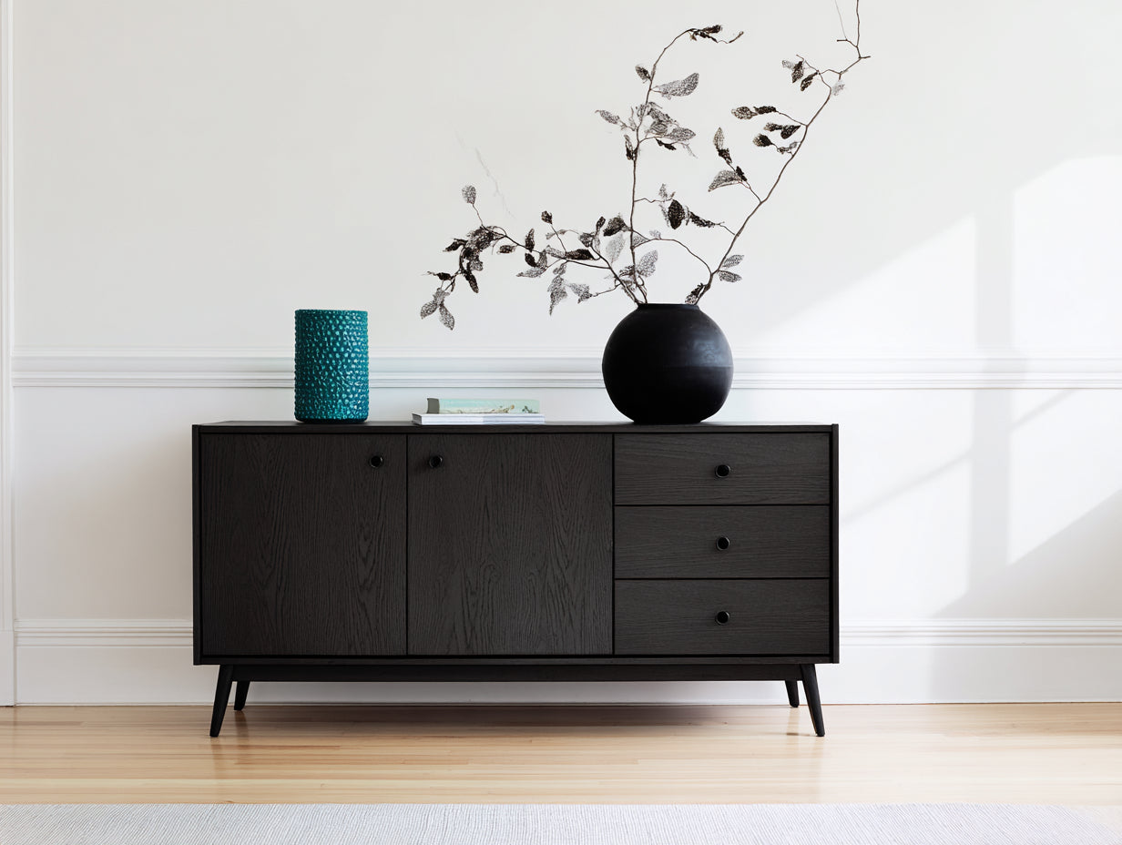 Mueble recibidor de madera 150 x 42 x 82 cm - Marrón oscuro - Estilo nórdico con 2 puertas y 3 cajones