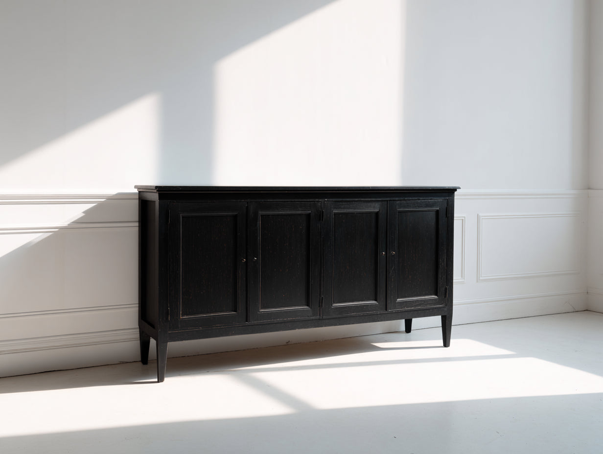 Mueble recibidor de madera 160 x 42 x 90 cm - Negro envejecido - Diseño clásico con 4 puertas