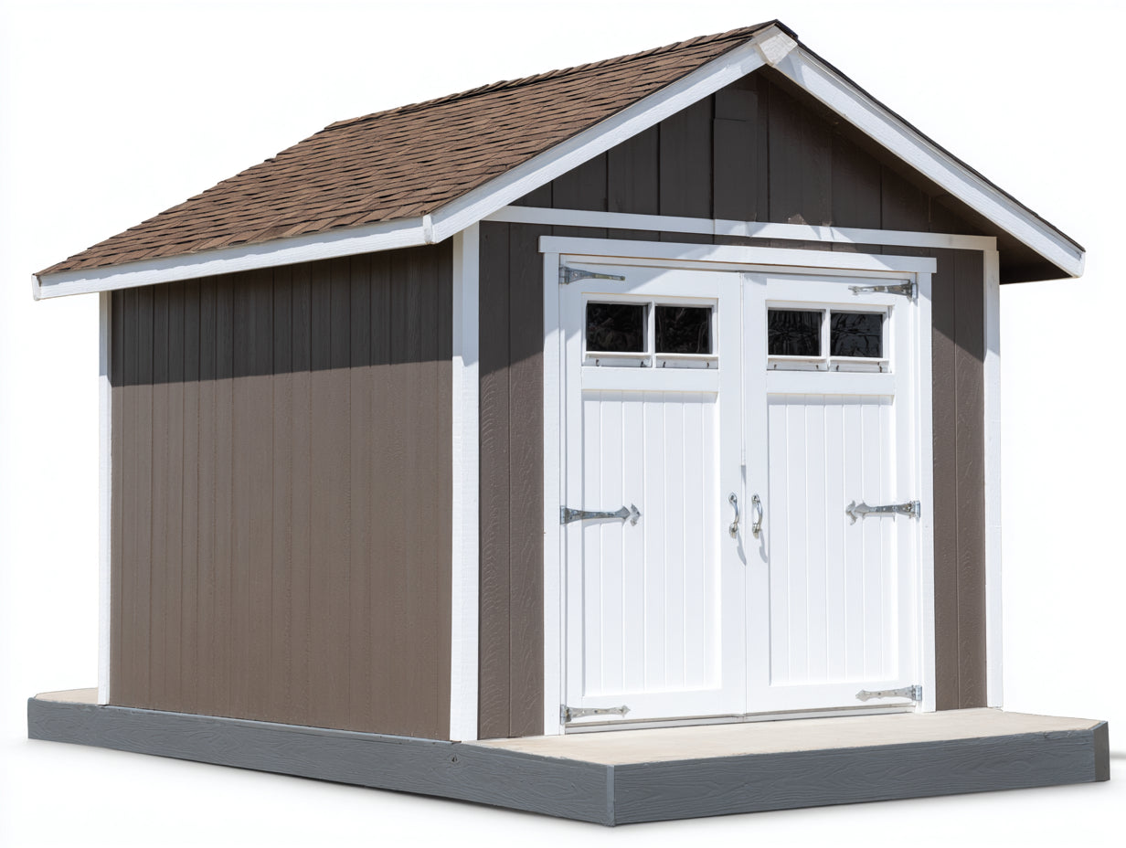 Caseta de jardín de madera con 2 puertas 250 x 210 x 230 cm - marrón oscuro y blanco - tejado a dos aguas con ventanas para herramientas de exterior