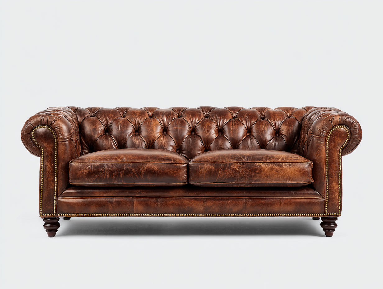 Sofás lineales de cuero envejecido 220 x 95 x 78 cm - Marrón coñac - 3 plazas con capitoné clásico