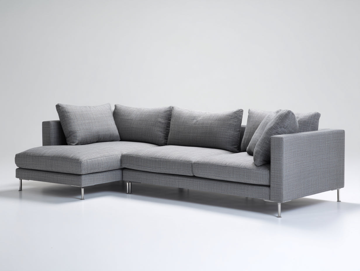 Sofás de esquina de tejido texturizado 290 x 170 x 86 cm - Gris claro - 4 plazas con patas metálicas de estilo moderno