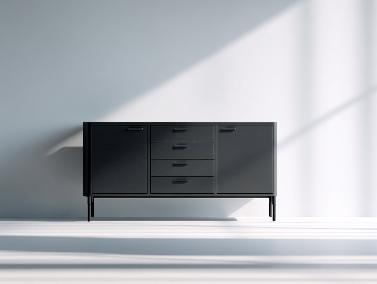 Mueble recibidor de metal 160 x 40 x 85 cm - Negro grafito - Diseño industrial con 2 puertas y 4 cajones