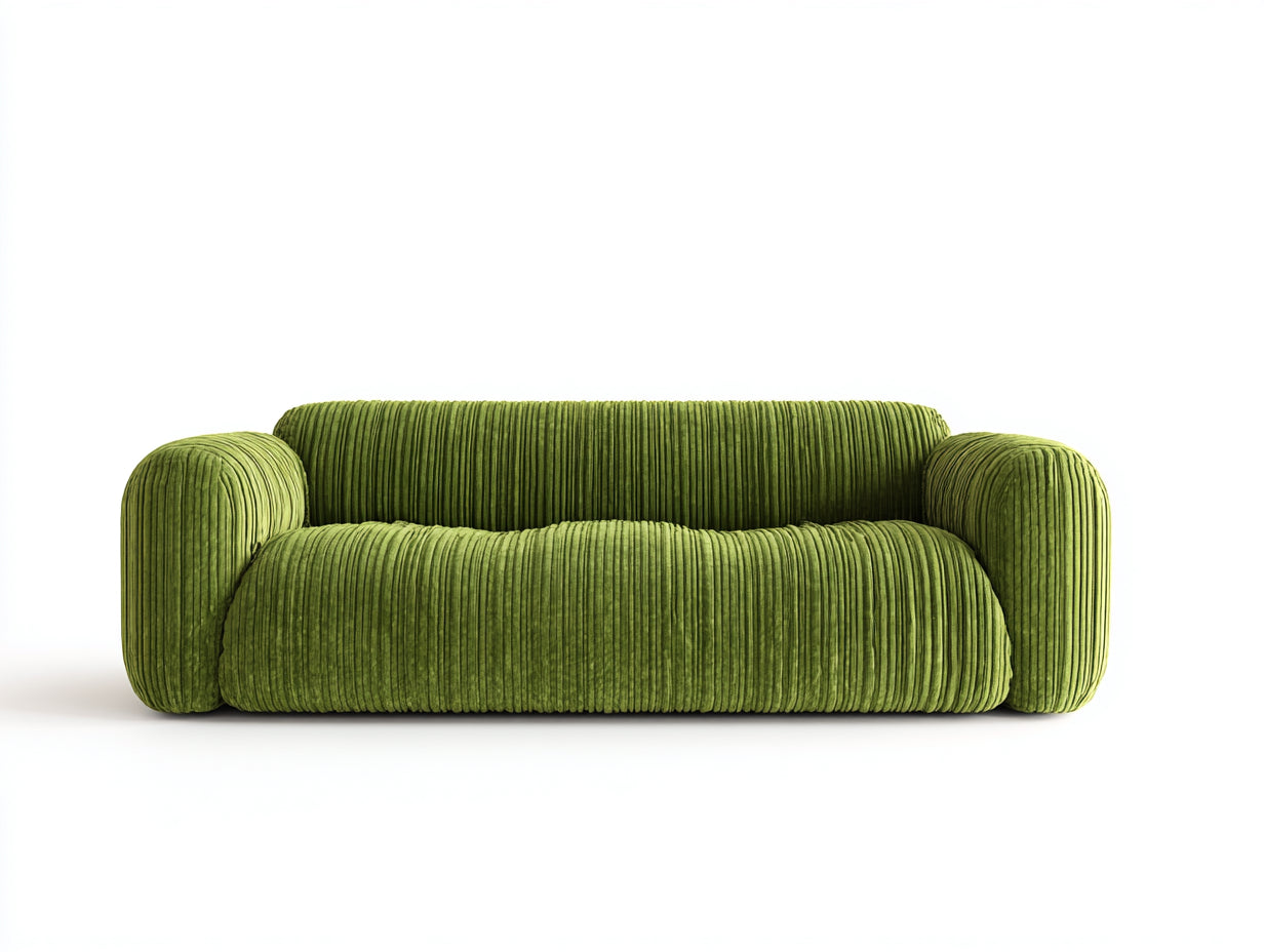 Sofá lineal tapizado en tejido acanalado 220 x 95 x 76 cm - verde oliva - diseño redondeado de 3 plazas para salón