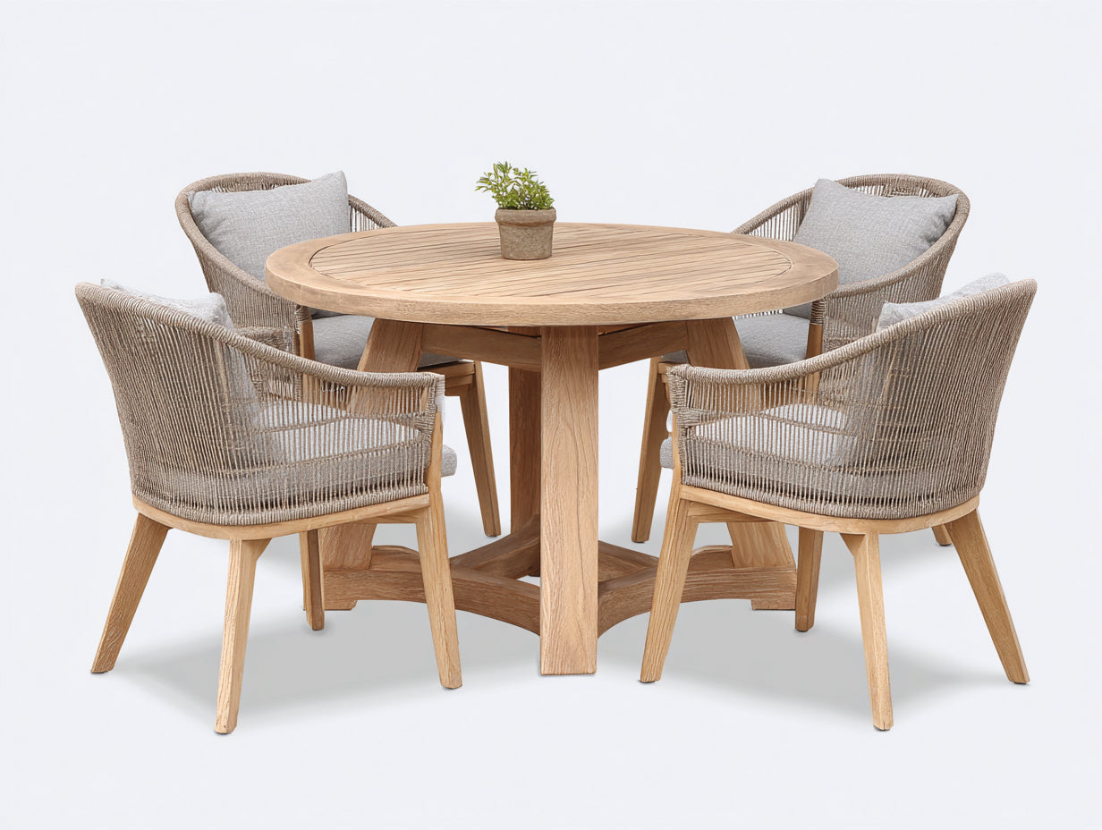 Conjuntos de comedor de jardín de madera y cuerda trenzada 140x140x75 cm - natural y beige - mesa redonda con 4 sillones