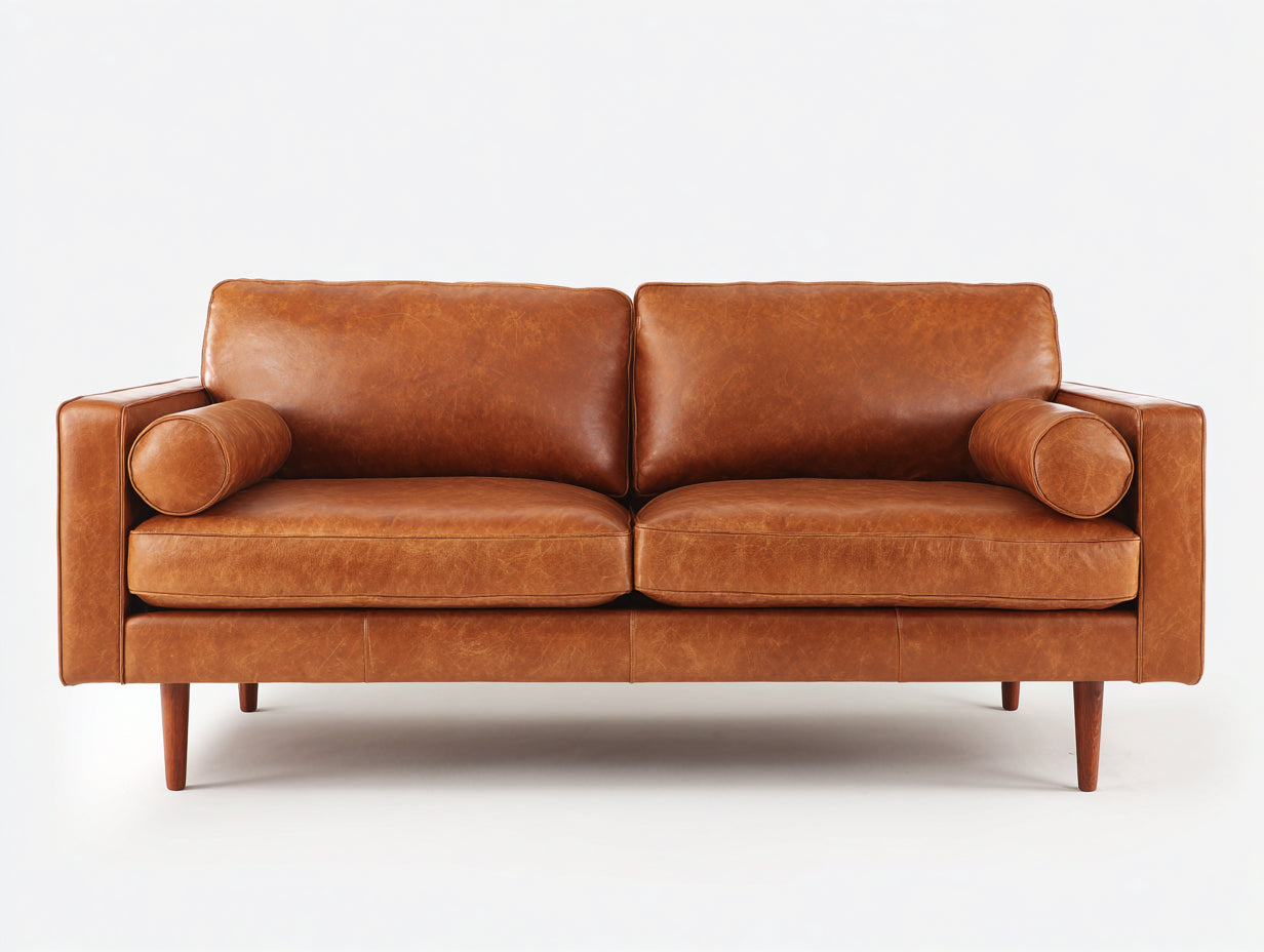 Sofá lineal tapizado efecto cuero de 3 plazas 215 x 92 x 84 cm - marrón coñac - diseño moderno con patas de madera para salón