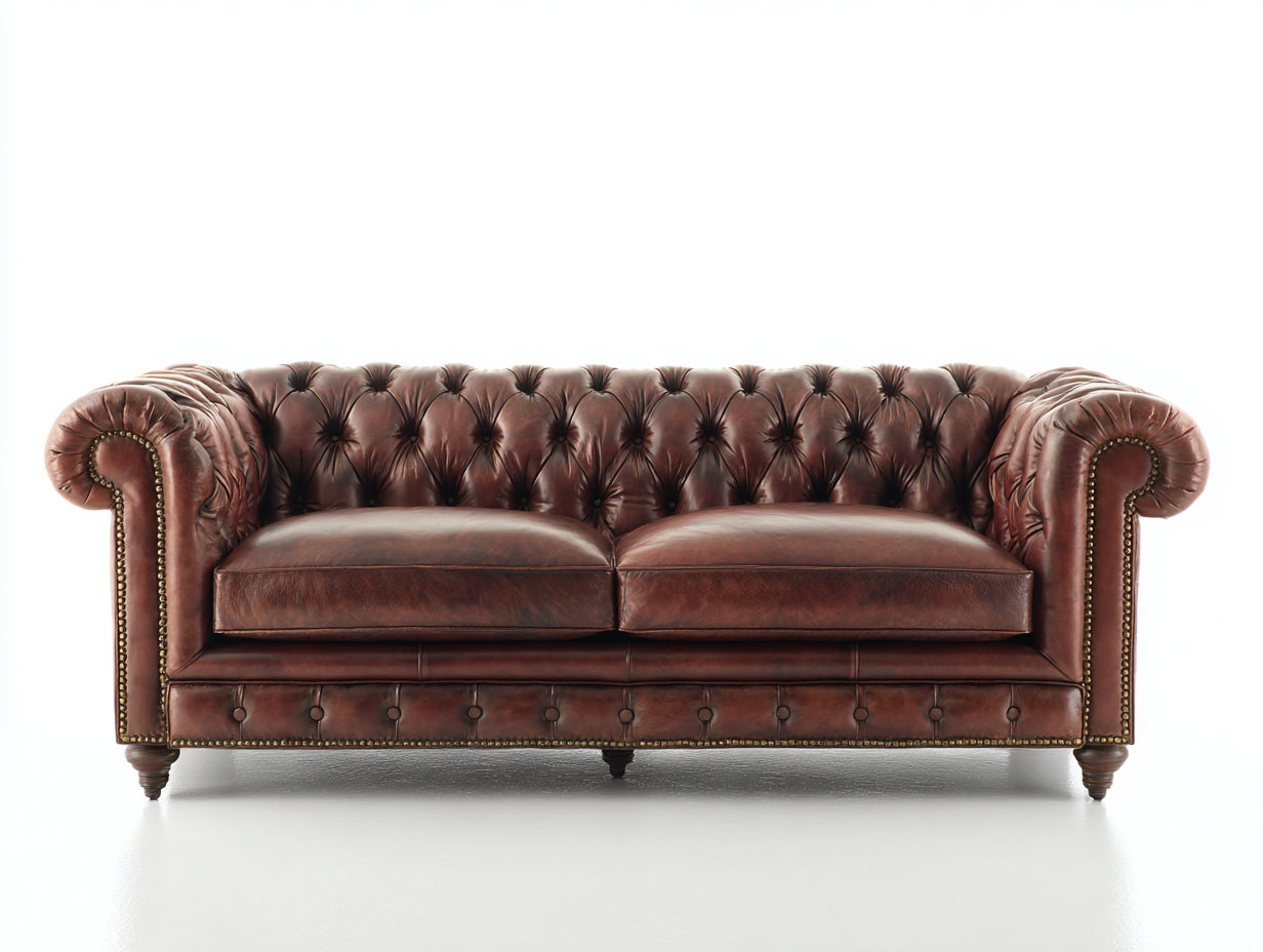 Sofás lineales de cuero 225 x 95 x 78 cm - Marrón coñac - Estilo Chesterfield con capitoné