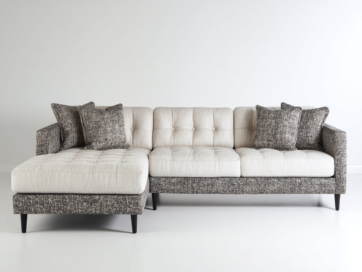 Sofás de esquina tapizados en tejido 285 x 175 x 86 cm - Crema y gris oscuro - Diseño moderno con capitoné