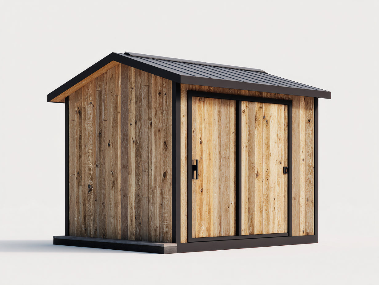 Casetas de jardín de madera 220 x 180 x 215 cm - Madera natural y negro - Diseño rústico con doble puerta corredera