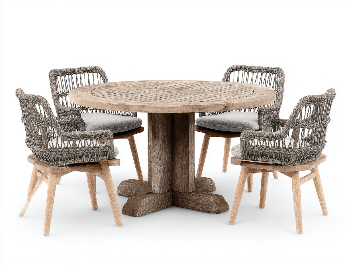 Conjunto de comedor de jardín de madera con mesa redonda y 4 sillas 130 x 130 x 75 cm - natural y gris - diseño trenzado para terraza y patio