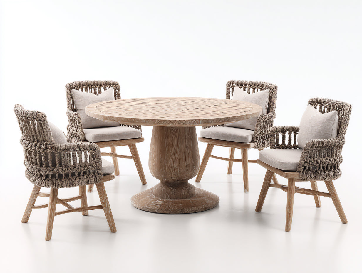 Conjuntos de comedor de jardín de madera y cuerda 140 x 140 x 76 cm - Natural y beige - Estilo bohemio para 4 personas
